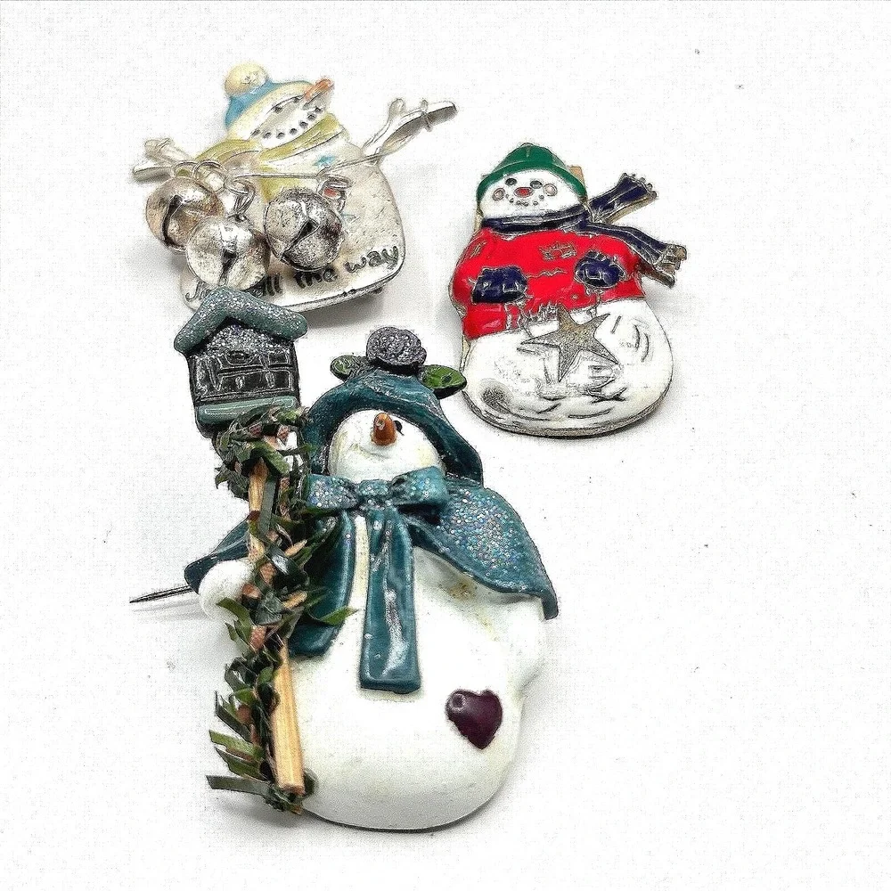 Vintage 90s Snowman Brooch Set Jingle‎ All The Way Bells Christmas Holiday Pins